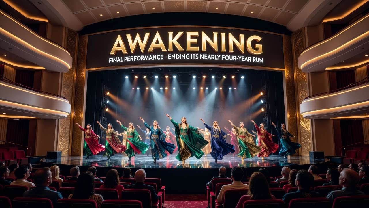 Interior perspective of a Las Vegas theater stage with advanced lighting rigs and seating arrangements during a production setup
